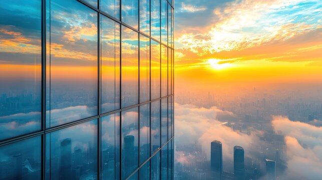 Modern glass skyscraper reflecting sunset over foggy cityscape.