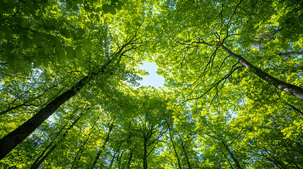 Obraz premium Lush Green Forest Canopy Reaching Upward Towards Bright Blue Sky Sunlight Filtering Through Dense Leaves