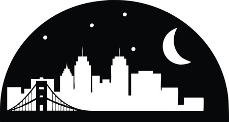 Fototapeta premium Black and White Cityscape Silhouette with Bridge, Moon, Stars in Dome Shape 89 chr