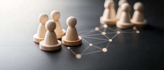 Wooden Figures Representing Network Connections on Dark Background