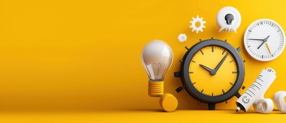 Yellow Background 3D Render of Time Management Concept with Clock and Lightbulb