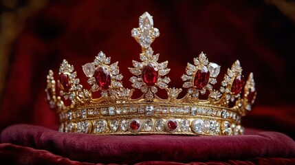 Royal Crown Adorned with Rubies and Diamonds on Velvet Cushion, Symbol of Monarchy and Luxury