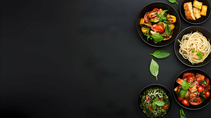 Assorted Gourmet Dishes On Black Plates