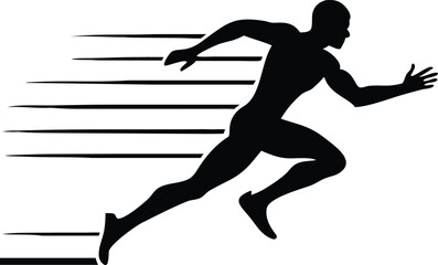 Black Silhouette of a Male Athlete Sprinting with Motion Lines on a White Background