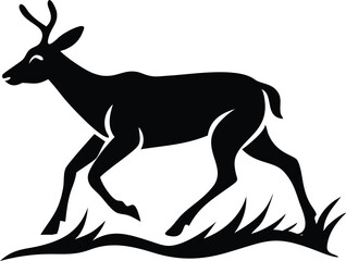 Obraz premium Black Silhouette of Buck Deer Walking on Grass, Minimalist Style, Wild Animal, Plain BG