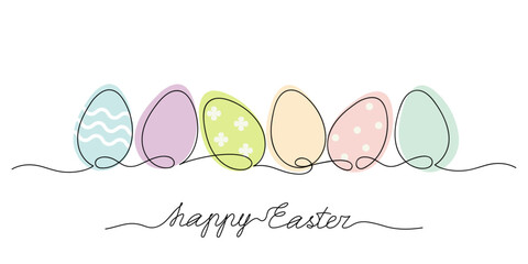 Continuous line drawing of colorful easter eggs. Egg line art. Minimalist black linear sketch isolated on white background.