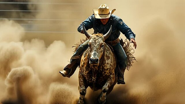 A cowboy grips tightly as he rides a bucking bull, both suspended in dust. Energy and determination fill the air during this thrilling rodeo competition under a glowing sunset.