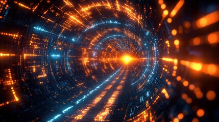 Neon Digital Sci-Fi Tunnel with Glowing Energy Vortex and Dynamic Data Stream in Cyberpunk Style