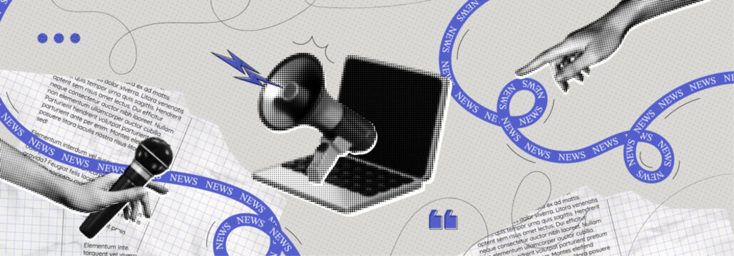 Trendy Halftone Collage with Megaphone, Laptop and Hands. Social media news and propaganda. Loudspeaker and microphone. Pop art design. Journalism and interview. Contemporary vector illustration art