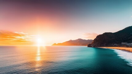 Naklejka premium Stunning Sunset Over Ocean Beach Mountains Golden Hour Panorama