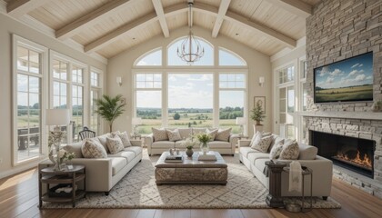 Interior Design, Countryside View, Large Windows, and Luxurious Ranch House Living Room