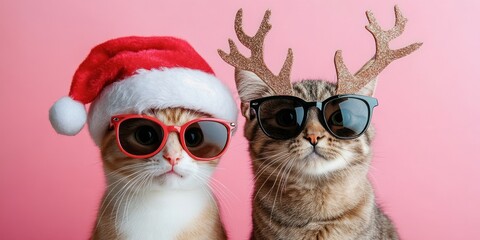 Cool Cats in Sunglasses with Santa Hat and Antlers on Pink Background for Christmas Holiday Greeting Card