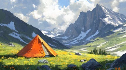 Escena de camping en una montaña con tienda de campaña