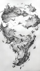 Obraz premium Pencil sketch of a fantasy world map with nine uniquely connected continents, characterized by varied terrain and a mysterious atmosphere
