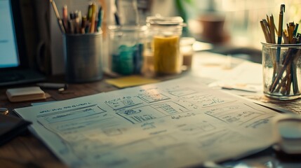 Creative Workspace: Web Design Sketches and Artistic Tools on a Wooden Desk