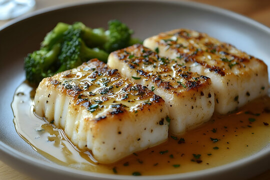 Pan-seared white fish with broccoli