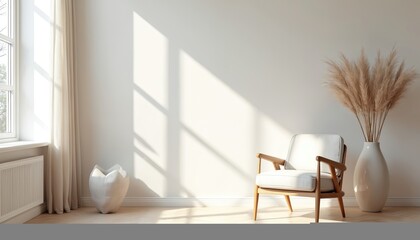 Fototapeta premium Cozy living room interior with soft armchair, vase with dry grass. Morning light, shadows on empty wall create minimalist, modern Scandinavian design. Sunlight through window.