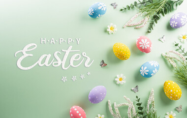 Easter party concept. Top view of easter bunny ears and colorful eggs on pastel background with the text.