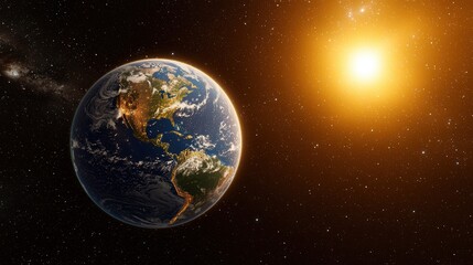 Fototapeta premium Beautiful View of Earth from Space with Glowing Sun in a Starry Night Sky