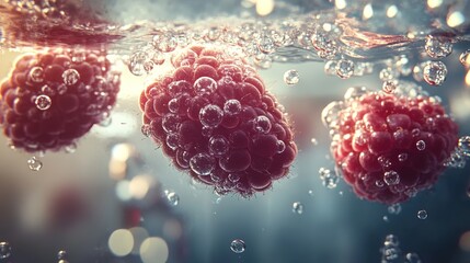 Several raspberries underwater, surrounded by bubbles, the raspberries glistening with water reflections, blurred underwater light in the background