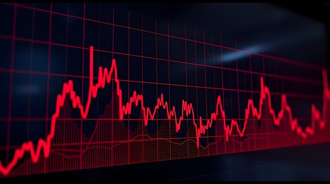 A red graph displays fluctuating lines against a dark background, suggesting financial market volatility. The mood is tense and analytical