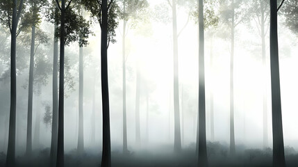 Forest Scene Depicting Trees Silhouetted In Foggy Atmosphere With Sunlight Streaming Through Branches