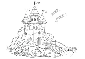 Obraz premium Enchanted Castle with Falling Stars – A Magical Coloring Book Page
