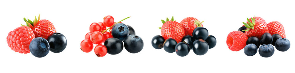 Fototapeta premium A vibrant assortment of berries, including raspberries, blueberries, red currants, and strawberries, showcasing their rich colors and textures.