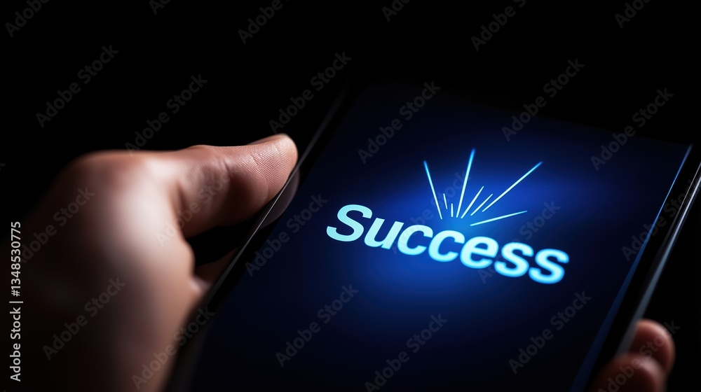 Poster hand tapping on virtual touchscreen display with success text illuminated in dark background