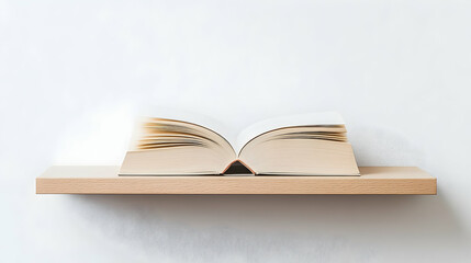 Open book on wooden shelf against white wall