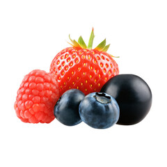A vibrant arrangement of fresh strawberries, blueberries, raspberries, and blackberries, showcasing their vivid colors and natural textures.