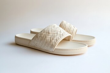 Cream braided slide sandals with woven straps and cushioned soles, isolated on white background