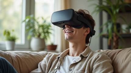 Virtual reality, young man enjoying VR headset while sitting on cozy sofa