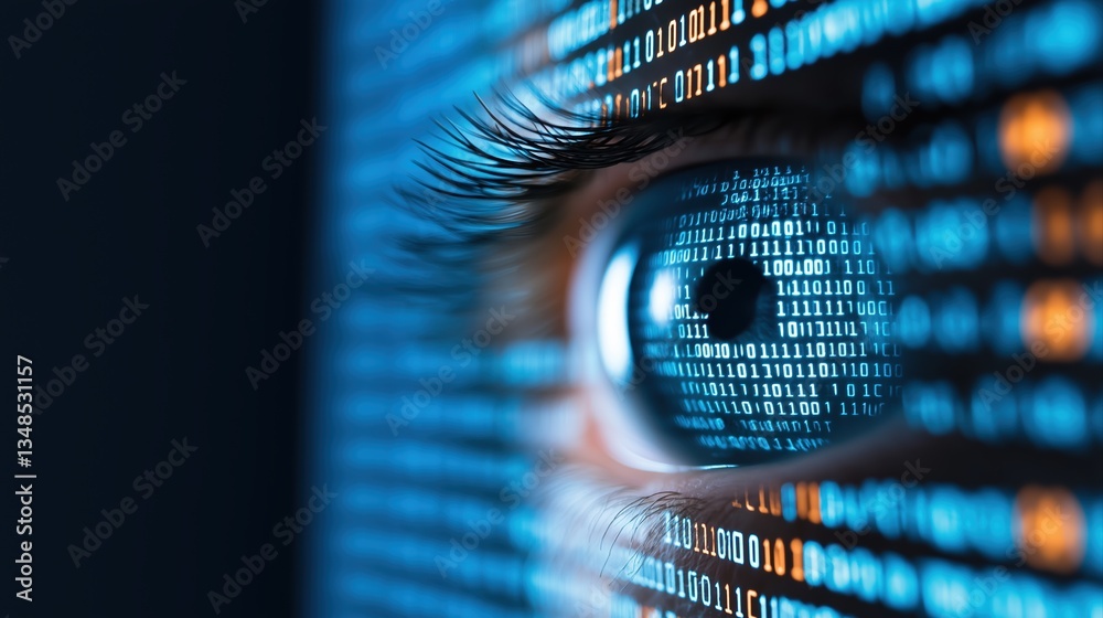 Poster eye reflection with binary code showing cyber threat warning in a digital environment