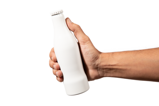 Male hand holding a white beer or soda bottle mockup isolated no background