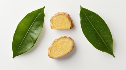 Ra&iacute;z de jengibre fresco con hojas verdes