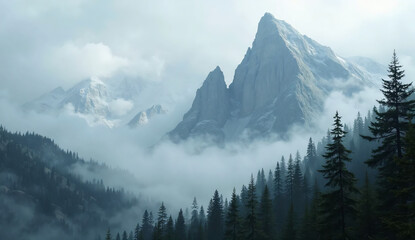 A mysterious fog-covered mountain range with dense pine forests.

