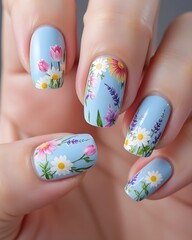 Ultra Glossy Nails with Spring Garden Floral Art.