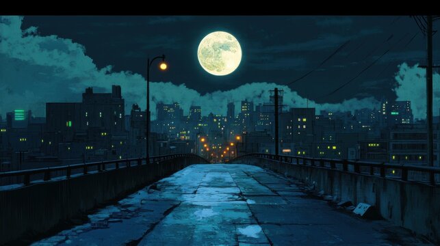 Paisaje urbano nocturno con luna llena