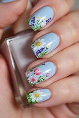 Hyper Realistic Nails with Soft Blue and Floral Design.