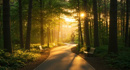 Obraz premium Serene forest path with sunlight filtering through trees, inviting tranquility