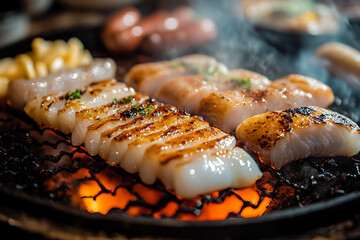 A close-up shot of a perfectly grilled steak sizzling on a flaming barbecue, with fiery orange flames and glowing embers beneath. The juicy meat is garnished with fresh rosemary and sprinkled with aro