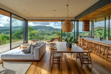 A modern interior living space with mountain views and furniture