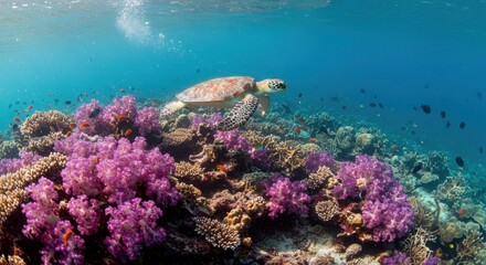 Fototapeta premium Sea turtle swimming gracefully over vibrant coral reef teeming with life