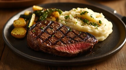 Grilled Steak Served with Mashed Potatoes and Roasted Vegetables