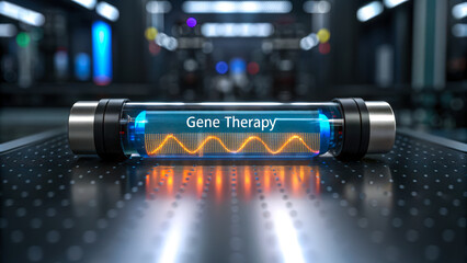 Gene therapy concept displayed in a futuristic vial on a metallic surface.