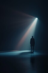 Obraz premium Solitary figure stepping into the light in a dark space