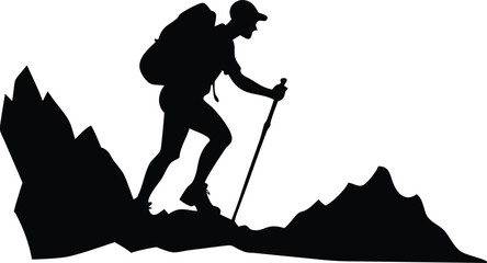 Silhouette Man Hiking Mountains with Backpack and Trekking Pole in Black and White