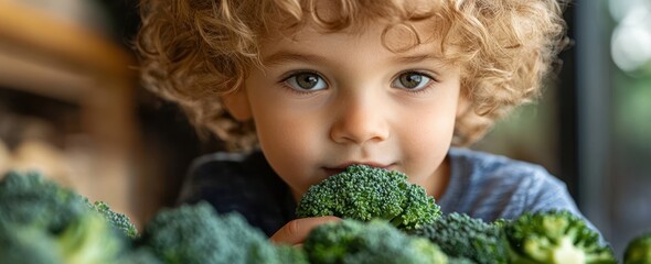 Child examining broccoli healthy eating concept boy dislike vegetables food habits nutrition