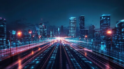 Fototapeta premium Futuristic city skyline illuminated with dynamic light trails at night